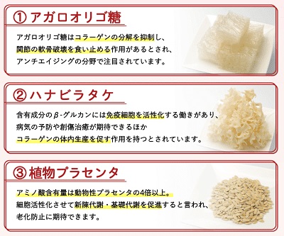 植物プラセンタ、ハナビラタケ、アガロオリゴ糖